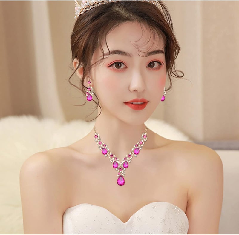 CSY Women's Elegant Bridal Necklace Earrings Stretch Bangle Bracelsts Set for Bride Bridesmaid Wedding Teardrop Crystal Costume Jewelry Sets - Image 2